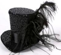 Burlesque Black Sequin Top Hat with Feather Trim