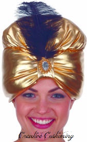 Gold Turban w/Jewel & Black Feather