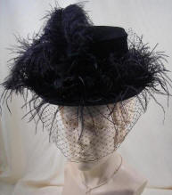 Black Felt Victorian Riding Hat with Veiling and black ostrich plumes