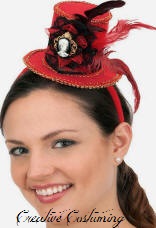 Mini Red Top Hat Headband w/ Feathers & Skeleton Cameo